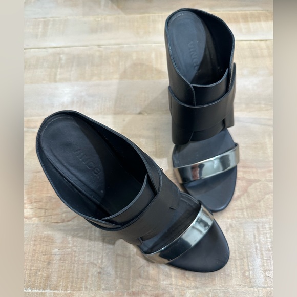 Vince KARMA - 2 black leather pewter silver wedge heel sandal mules - Picture 11 of 14